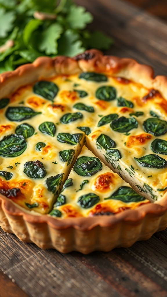 Spinach and Cheese Quiche Recipe A slice of spinach and cheese quiche on a rustic table, garnished with herbs.